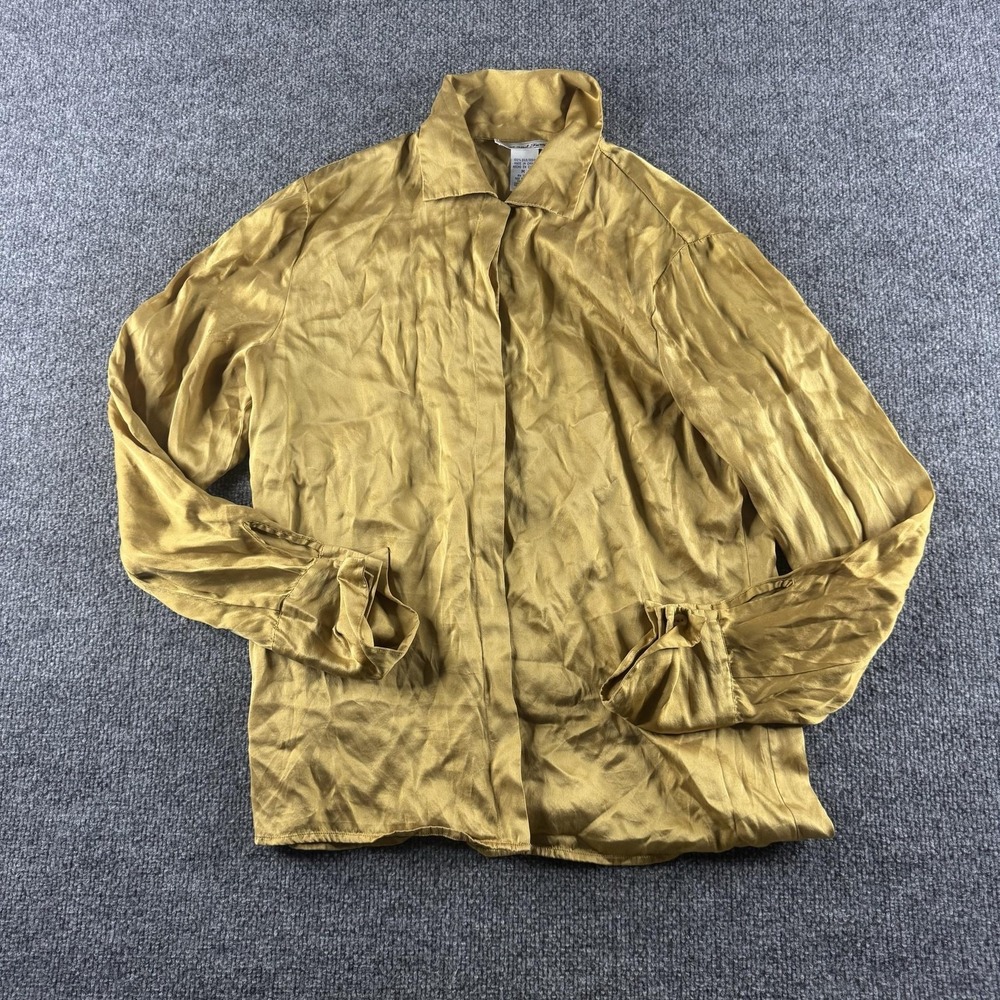 Anna and Frank Button Up Women M Gold Silk Long Sleeve Collared Blouse Top